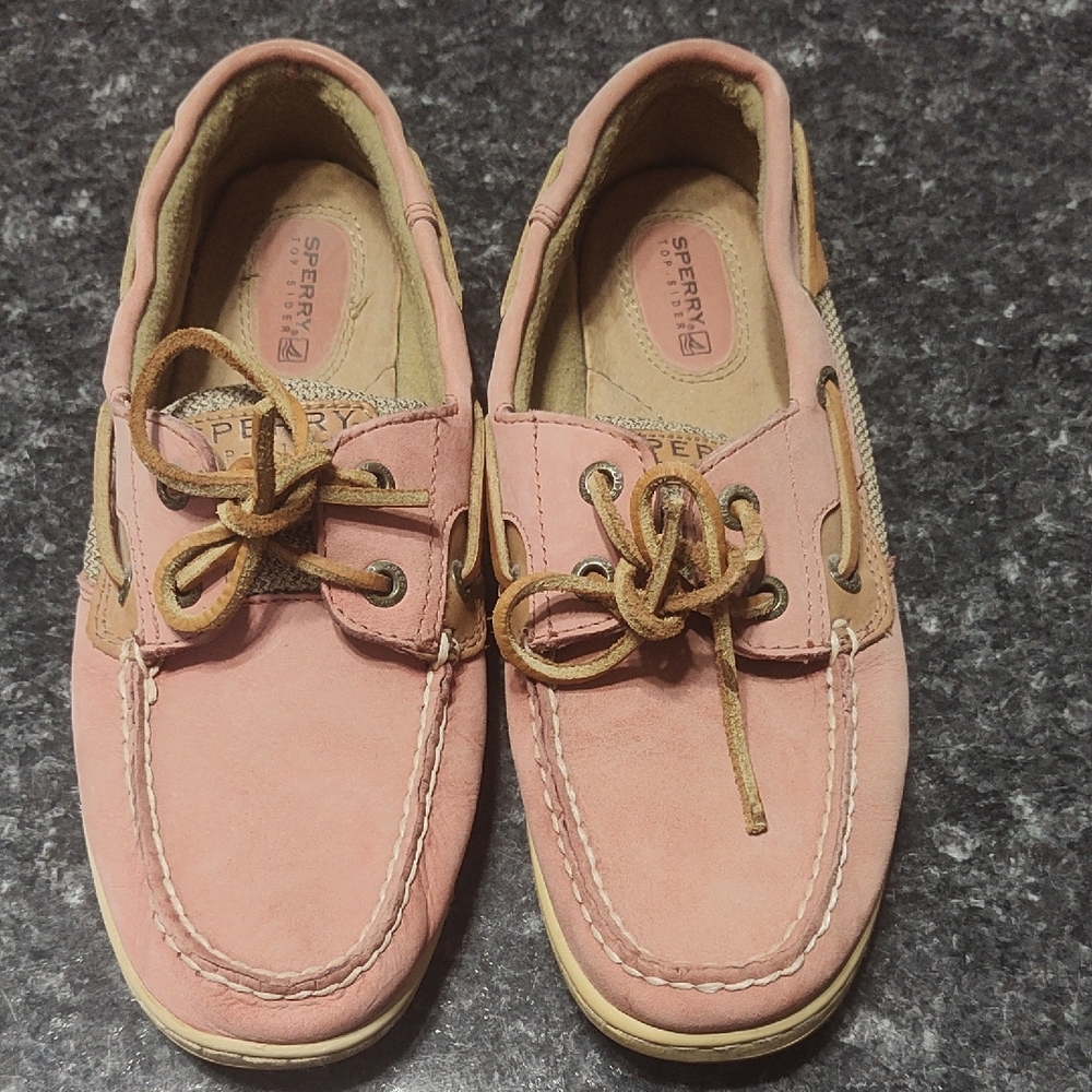 Sperry Pink Suede Moccasins with Tan Trim , Top Slides